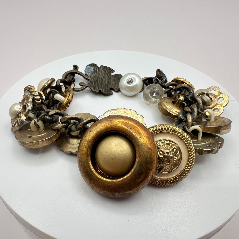 90s Vintage Faux Pearl Button Boho Charm Bracelet Women's Statement Jewelry